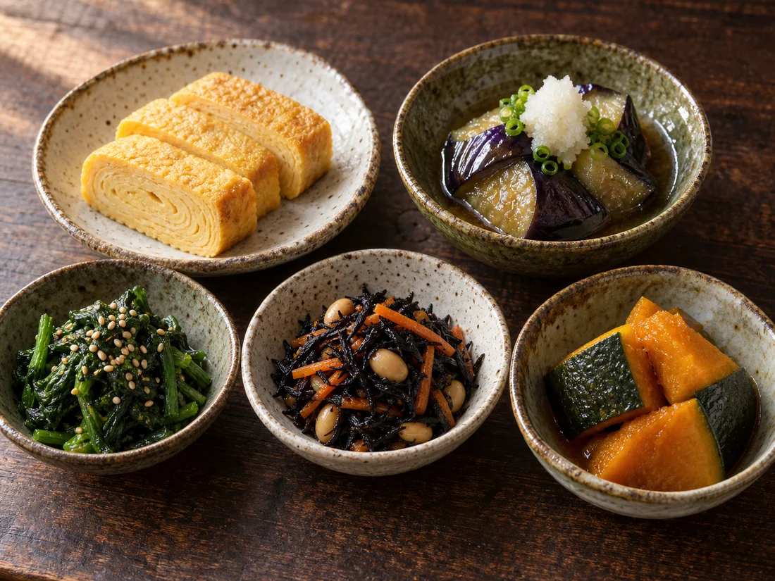 だし巻き卵、なすの揚げびたし、ほうれん草の胡麻和え、ひじきとかぼちゃの煮物